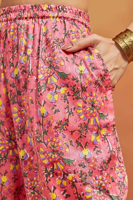 Buy_Shikha Malik_Pink Satin Mirrors Round Neck Floral Handblock Print Kurta And Pant Set 