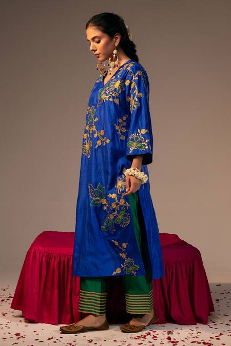 Svastih_Blue Silk, Chanderi Lace, Sequins, Applique Embroidered Kurta Set With Palazzo _Online_at_Aza_Fashions