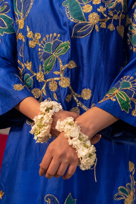 Buy_Svastih_Blue Silk, Chanderi Lace, Sequins, Applique Embroidered Kurta Set With Palazzo _Online_at_Aza_Fashions