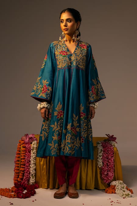 Svastih_Blue Chanderi Embroidery, Applique, Sequins, Diamonds 3d Floral Anarkali Set _Online_at_Aza_Fashions