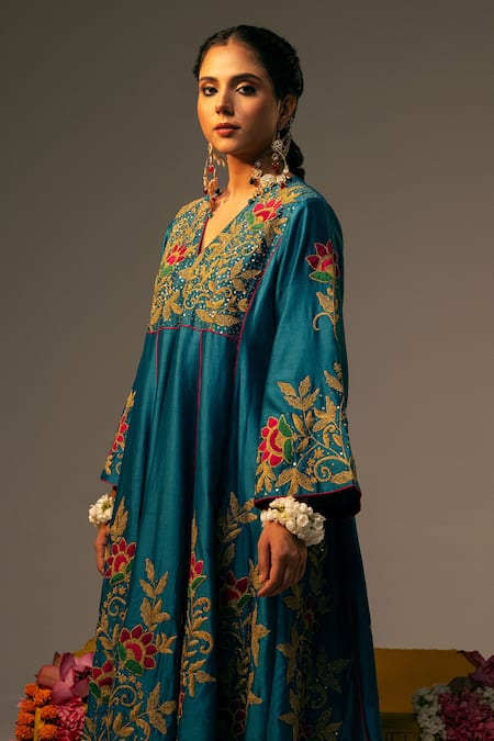 Buy_Svastih_Blue Chanderi Embroidery, Applique, Sequins, Diamonds 3d Floral Anarkali Set _Online_at_Aza_Fashions