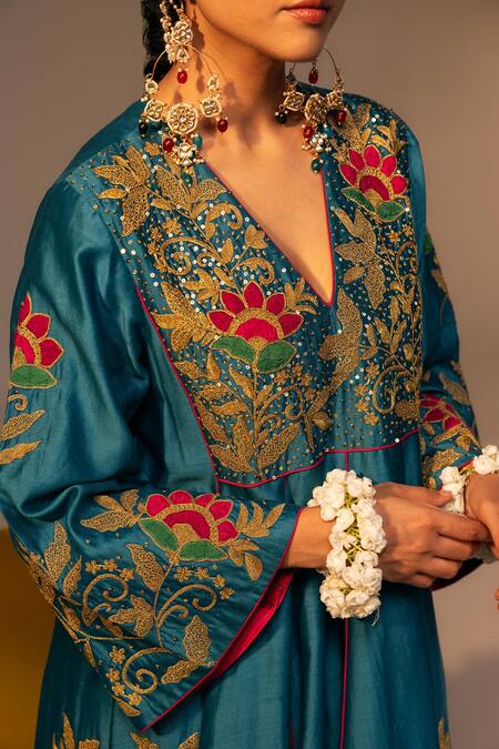 Shop_Svastih_Blue Chanderi Embroidery, Applique, Sequins, Diamonds 3d Floral Anarkali Set _Online_at_Aza_Fashions