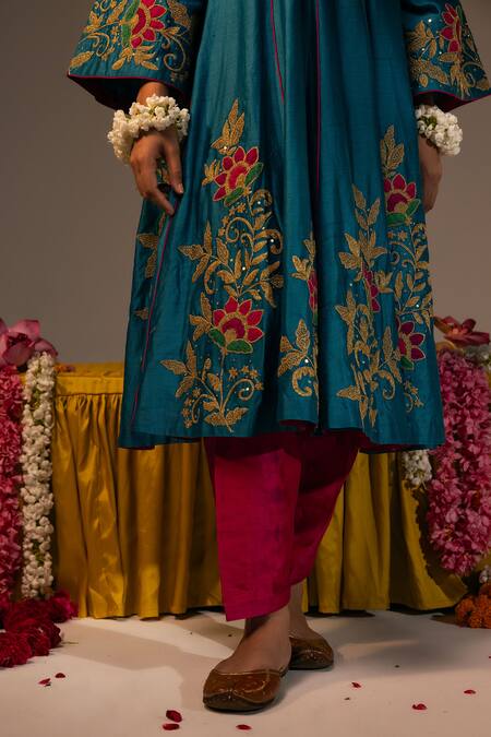 Svastih_Blue Chanderi Embroidery, Applique, Sequins, Diamonds 3d Floral Anarkali Set _at_Aza_Fashions