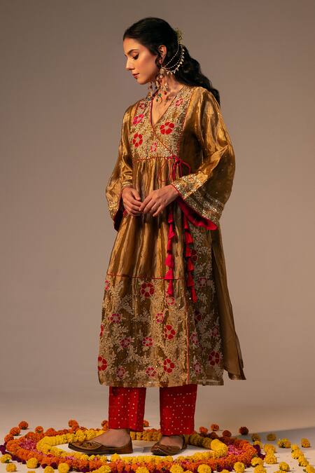 Svastih_Gold Tissue, Denim, Cotton Sequins, Applique, Embroidery Angarkha Kurta Set _Online_at_Aza_Fashions