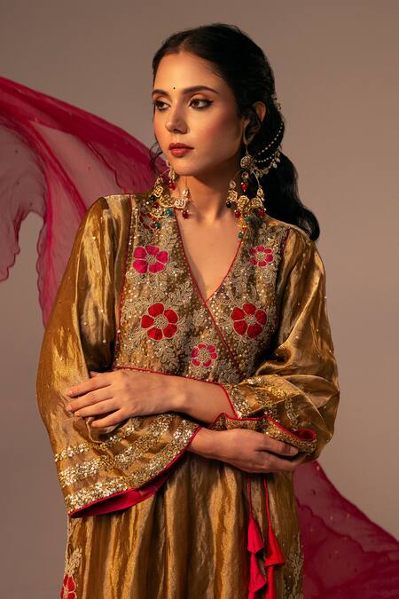 Svastih_Gold Tissue, Denim, Cotton Sequins, Applique, Embroidery Angarkha Kurta Set _at_Aza_Fashions