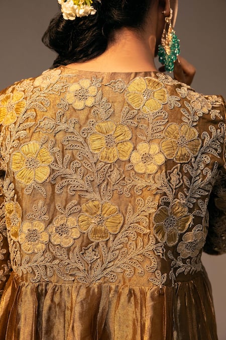 Svastih_Gold Tissue Embroidery, Sequins V-neck Anarkali And Pant Set _Online_at_Aza_Fashions