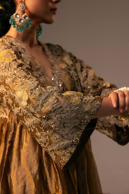 Buy_Svastih_Gold Tissue Embroidery, Sequins V-neck Anarkali And Pant Set _Online_at_Aza_Fashions