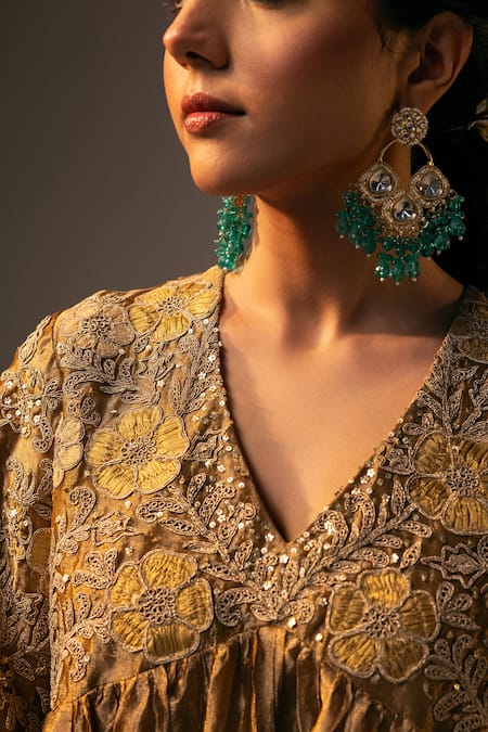 Shop_Svastih_Gold Tissue Embroidery, Sequins V-neck Anarkali And Pant Set _Online_at_Aza_Fashions