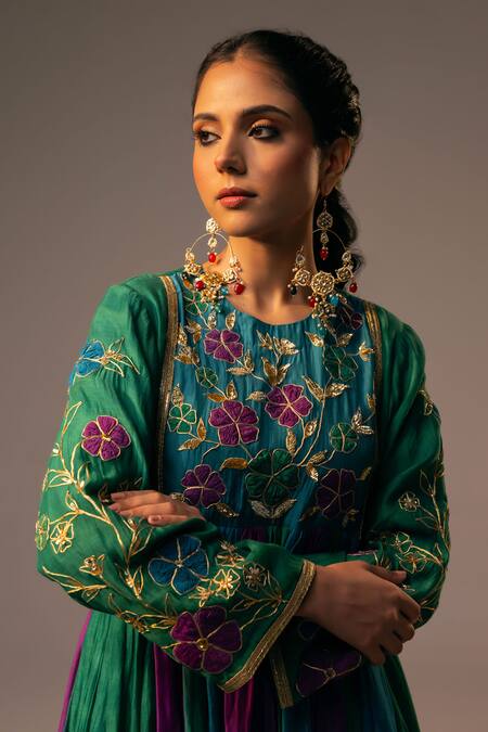 Buy_Svastih_Green , , Lace Round Embroidered Anarkali And Pant Set _Online_at_Aza_Fashions