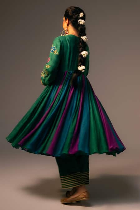 Shop_Svastih_Green , , Lace Round Embroidered Anarkali And Pant Set _Online_at_Aza_Fashions