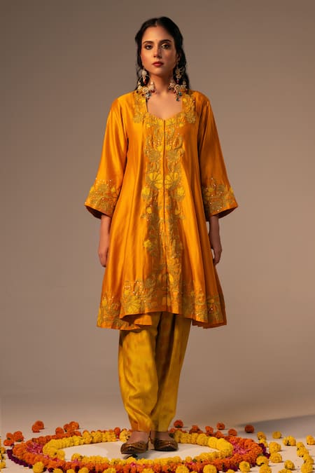 Svastih_Orange Silk Diamonds Embroidered Anarkali Set _Online_at_Aza_Fashions