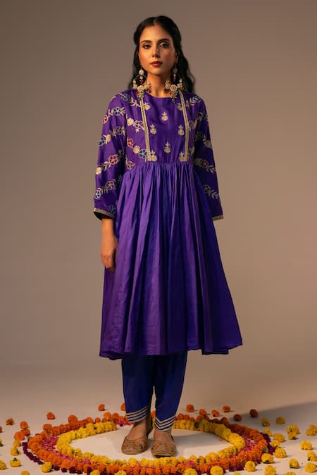 Svastih_Blue Silk Sequins, Applique, Lace Round Embroidered Anarkali Set With Salwar _Online_at_Aza_Fashions