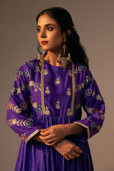 Shop_Svastih_Blue Silk Sequins, Applique, Lace Round Embroidered Anarkali Set With Salwar _Online_at_Aza_Fashions