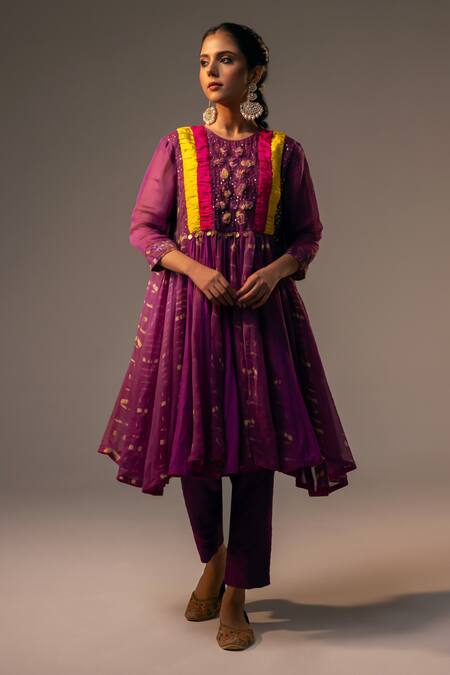 Svastih Purple Silk, Chanderi Sequins, Applique Round Neck Embroidered Anarkali Set Online at Aza Fashions Svastih_Purple Silk, Chanderi Sequins, Applique Round Neck Embroidered Anarkali Set _Online_at_Aza_Fashions
