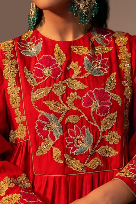 Svastih_Red Organza, Cotton Sequins, Applique Round Neck Embellished Anarkali Set _at_Aza_Fashions