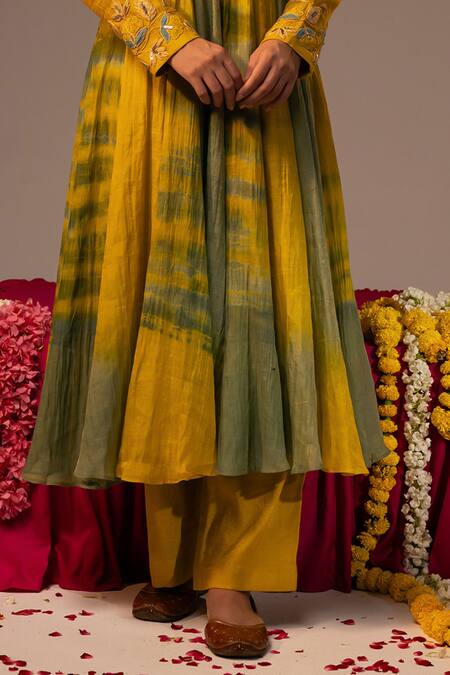 Svastih Yellow Chanderi Sequins, Applique, Embroidery Round Anarkali Set With Jacket Online at Aza Fashions Svastih_Yellow Chanderi Sequins, Applique, Embroidery Round Anarkali Set With Jacket _Online_at_Aza_Fashions