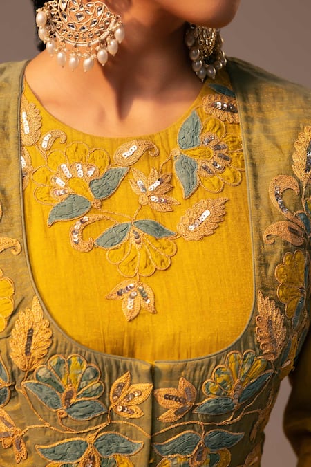 Buy Svastih Yellow Chanderi Sequins, Applique, Embroidery Round Anarkali Set With Jacket Online at Aza Fashions Buy_Svastih_Yellow Chanderi Sequins, Applique, Embroidery Round Anarkali Set With Jacket _Online_at_Aza_Fashions