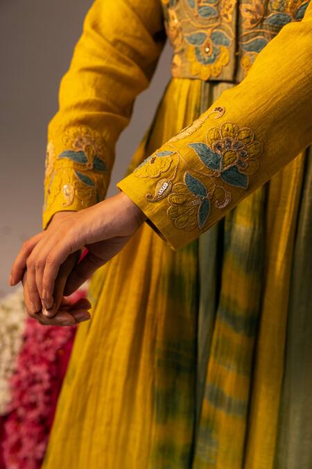 Shop Svastih Yellow Chanderi Sequins, Applique, Embroidery Round Anarkali Set With Jacket Online at Aza Fashions Shop_Svastih_Yellow Chanderi Sequins, Applique, Embroidery Round Anarkali Set With Jacket _Online_at_Aza_Fashions