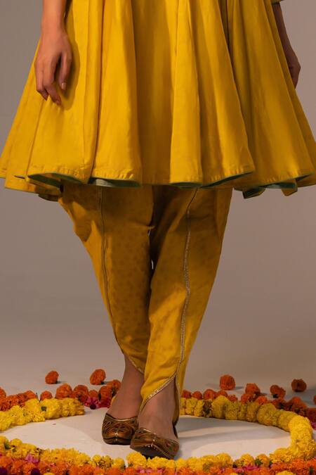 Buy_Svastih_Yellow Silk, Chanderi Cut Work, Applique Round Embroidered Anarkali And Tulip Pant _Online_at_Aza_Fashions