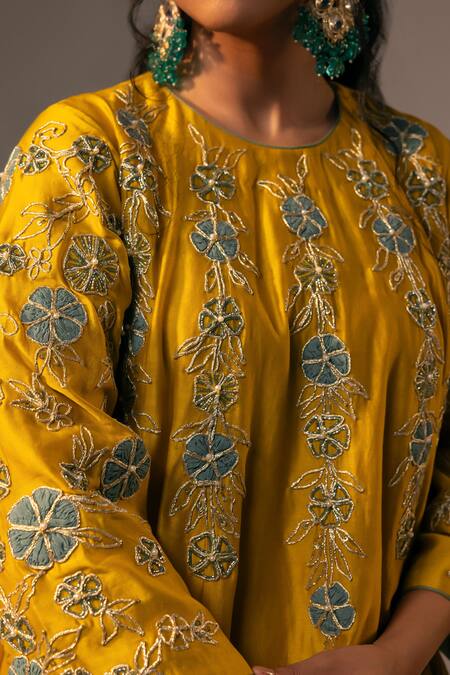 Shop_Svastih_Yellow Silk, Chanderi Cut Work, Applique Round Embroidered Anarkali And Tulip Pant _Online_at_Aza_Fashions