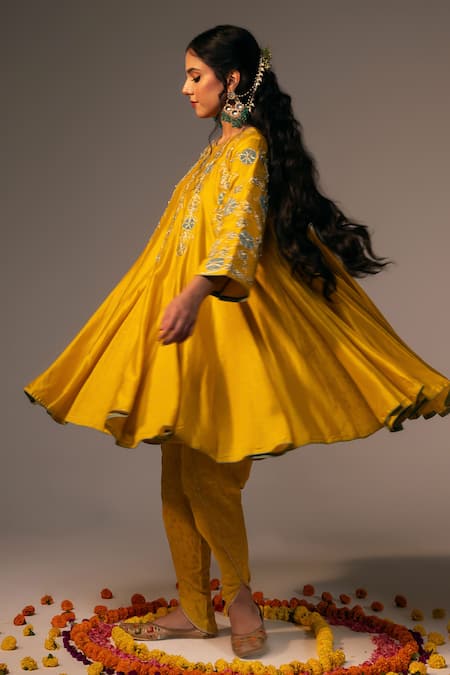 Svastih_Yellow Silk, Chanderi Cut Work, Applique Round Embroidered Anarkali And Tulip Pant _at_Aza_Fashions