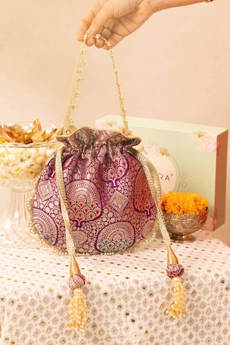 Amyra Purple Pearls, Lace Embellished Banarasi Silk Potli 