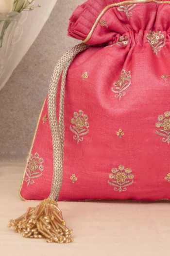 Amyra_Pink Embroidery, Cut Work, Tassels Floral Potli_Online_at_Aza_Fashions