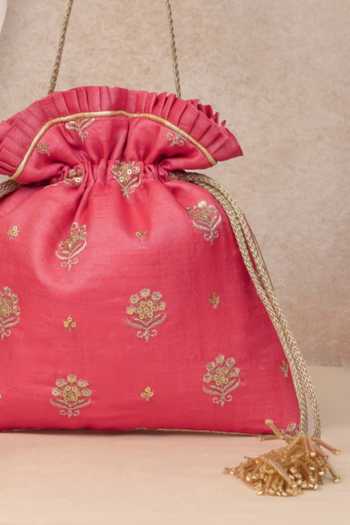 Buy_Amyra_Pink Embroidery, Cut Work, Tassels Floral Potli_Online_at_Aza_Fashions
