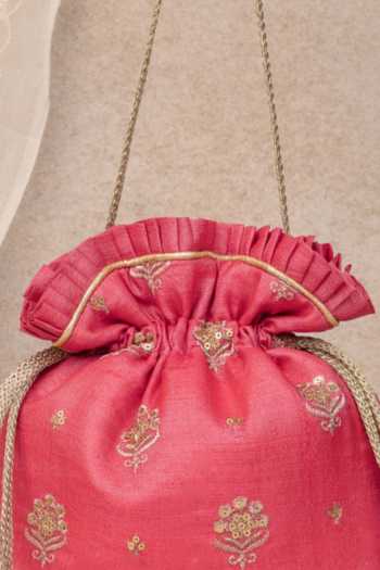 Shop_Amyra_Pink Embroidery, Cut Work, Tassels Floral Potli_Online_at_Aza_Fashions