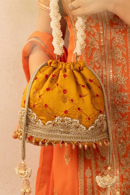 AMYRA Mustard Bandhani Pattern Bucket Bag 