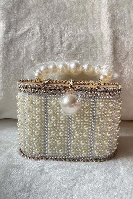Kreivo by Vamanshi Damania Silver Pearl Beaded Bucket Bag 