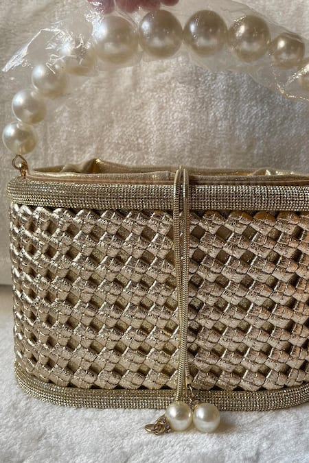 Shop Kreivo By Vamanshi Damania Gold Pearls Handle Bucket Bag at Aza Fashions Shop_Kreivo By Vamanshi Damania_Gold Pearls Handle Bucket Bag_at_Aza_Fashions