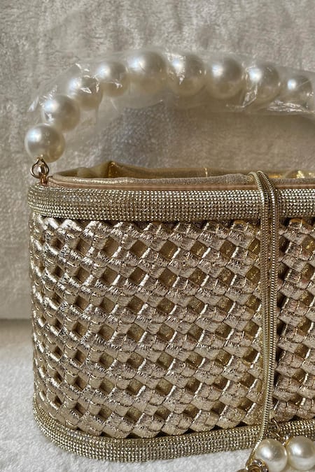 Kreivo By Vamanshi Damania Gold Pearls Handle Bucket Bag Online at Aza Fashions Kreivo By Vamanshi Damania_Gold Pearls Handle Bucket Bag_Online_at_Aza_Fashions
