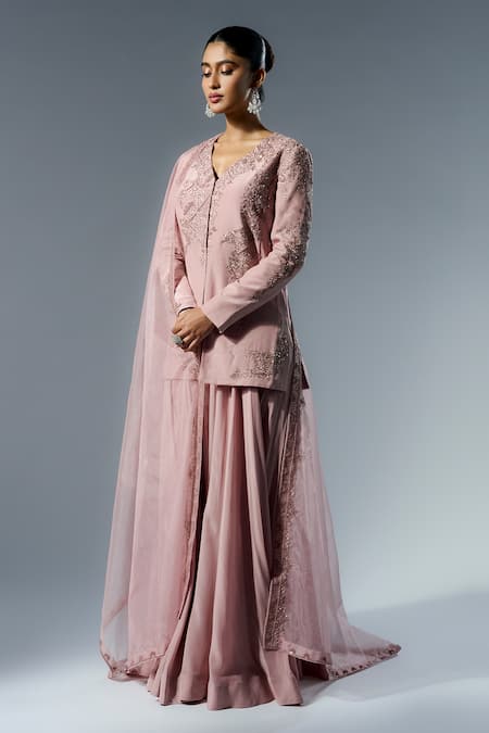 Rishi And Soujit_Pink Crepe, Organza Sequins, Beads, Cut Work Embroidered Kurta And Flared Pant Set _Online_at_Aza_Fashions