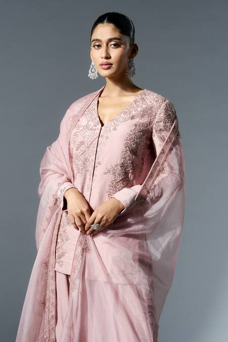 Buy_Rishi And Soujit_Pink Crepe, Organza Sequins, Beads, Cut Work Embroidered Kurta And Flared Pant Set _Online_at_Aza_Fashions