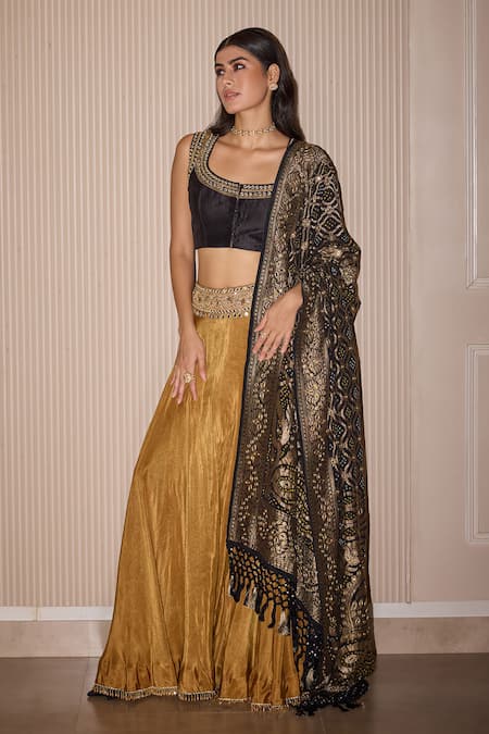 Twenty Nine_Black Tissue Mirrors, Zari, Embroidery Scoop Neck Gold Zardozi Lehenga Set _Online_at_Aza_Fashions