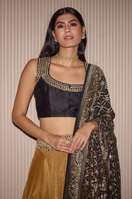 Buy_Twenty Nine_Black Tissue Mirrors, Zari, Embroidery Scoop Neck Gold Zardozi Lehenga Set _Online_at_Aza_Fashions
