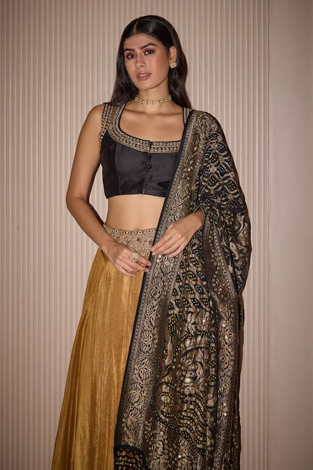 Shop_Twenty Nine_Black Tissue Mirrors, Zari, Embroidery Scoop Neck Gold Zardozi Lehenga Set _Online_at_Aza_Fashions