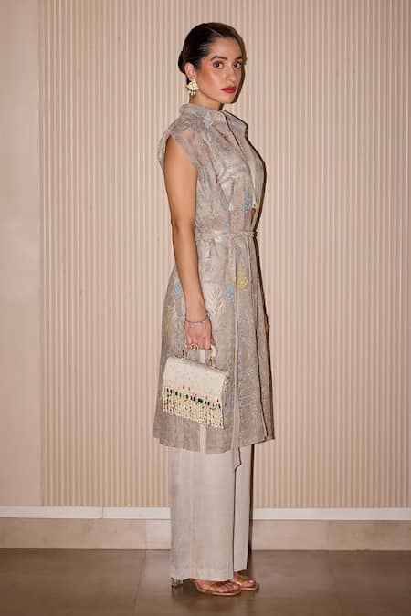 Twenty Nine_Ivory Tulle Embroidery, Beads, Mirrors Collared, V-neck Hand Jacket And Pant Set _at_Aza_Fashions