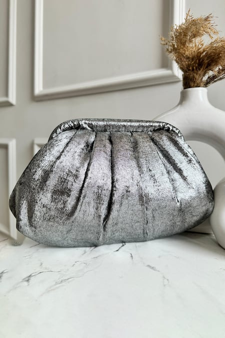 Shop Boxwish By Bhumika Black Designer Metallic Pleated Handbag at Aza Fashions Shop_Boxwish By Bhumika_Black Designer Metallic Pleated Handbag _at_Aza_Fashions
