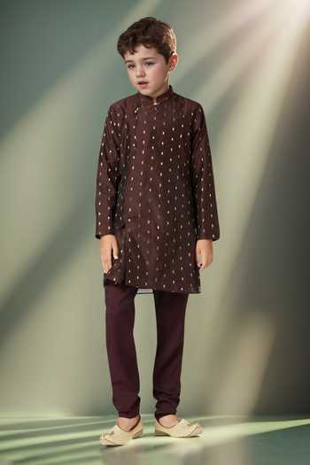 Shop_Petite Pomme_Brown Chanderi, Linen Zari Butta Kurta Set 