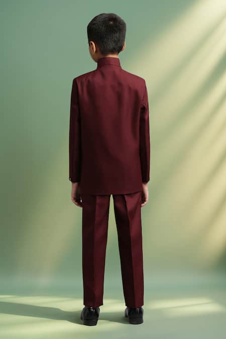 Shop Petite Pomme Maroon Polyester Buttoned Jodhpuri And Trouser Set at Aza Fashions Shop_Petite Pomme_Maroon Polyester Buttoned Jodhpuri And Trouser Set _at_Aza_Fashions