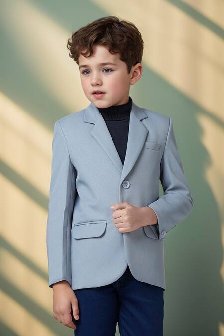 Petite Pomme_Gray Polyester Solid Lapel Collar Blazer _at_Aza_Fashions