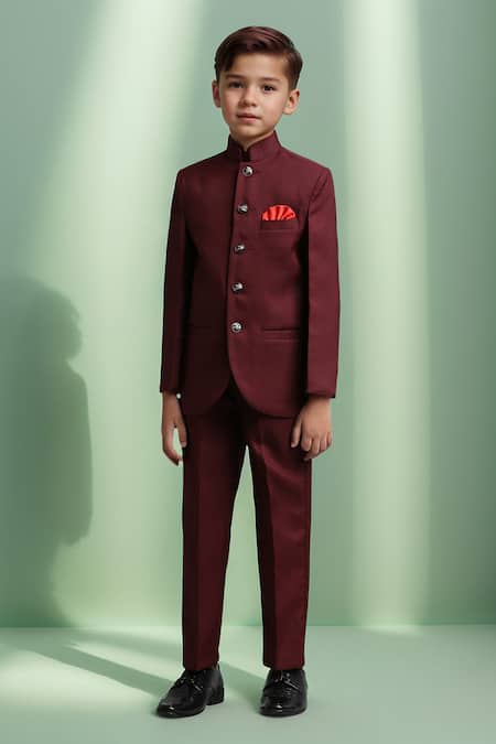 Buy Petite Pomme Maroon Polyester Buttoned Jodhpuri And Trouser Set Buy_Petite Pomme_Maroon Polyester Buttoned Jodhpuri And Trouser Set