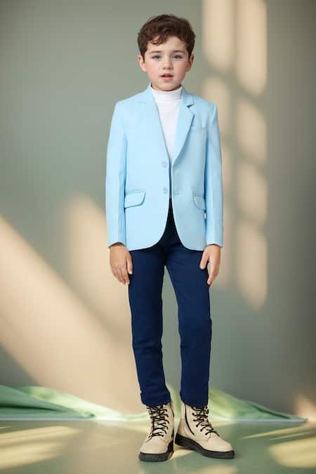 Buy_Petite Pomme_Blue Polyester Solid Blazer With Flap Pocket Detail 