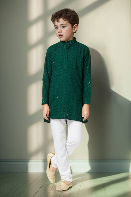 Shop_Petite Pomme_Green Cotton Sequins, Embroidery Geometric Floral Kurta Set 