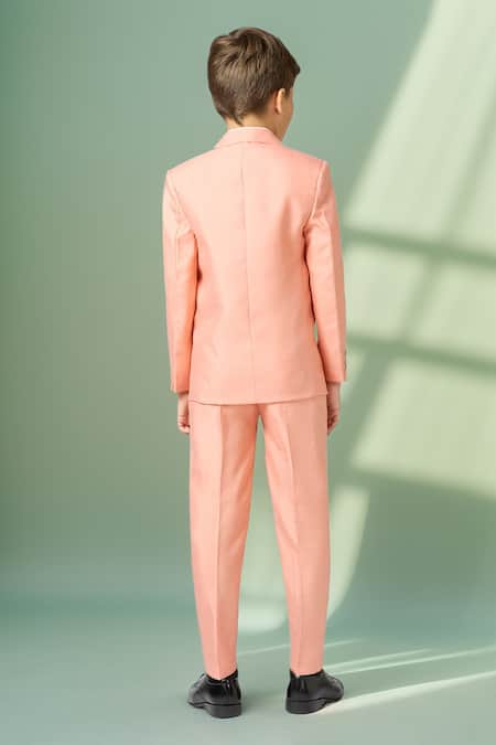 Shop Petite Pomme Peach Polyester Solid Blazer Trouser Set at Aza Fashions Shop_Petite Pomme_Peach Polyester Solid Blazer Trouser Set _at_Aza_Fashions