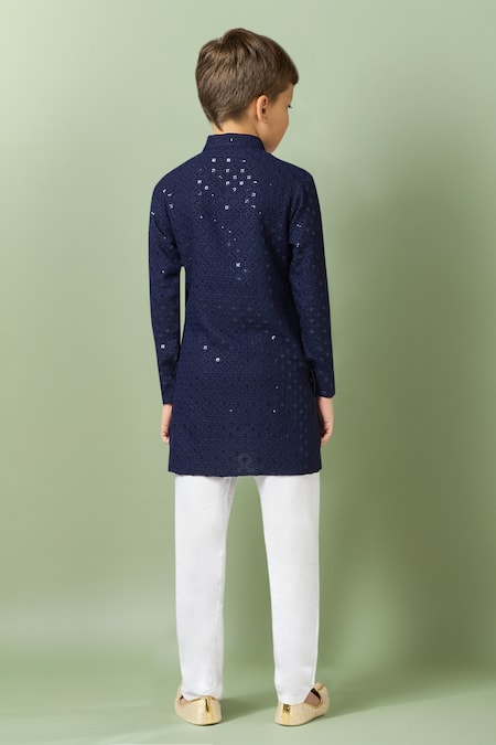 Shop_Petite Pomme_Blue Cotton Sequins, Embroidery Navy Kurta Set _at_Aza_Fashions
