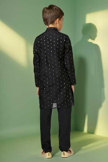 Shop Petite Pomme Black Chanderi, Linen Zari Butta Kurta Set at Aza Fashions Shop_Petite Pomme_Black Chanderi, Linen Zari Butta Kurta Set _at_Aza_Fashions