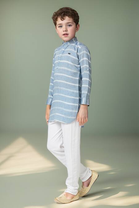 Shop_Petite Pomme_Blue Cotton Stripe Kurta Set With Churidar _Online_at_Aza_Fashions